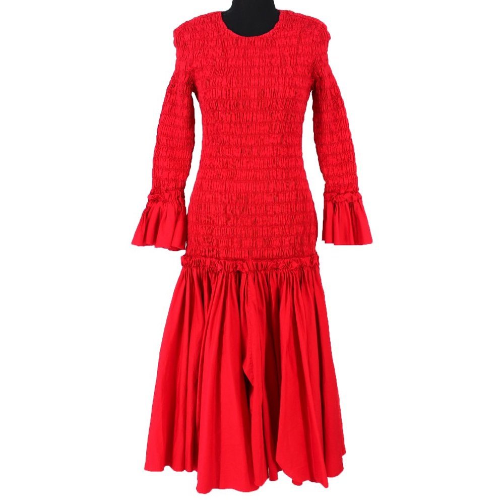 KHAITE Red Mariella Pleated Drop Waist Long Sleeve Midi Dress Large Maxi Ruffle
